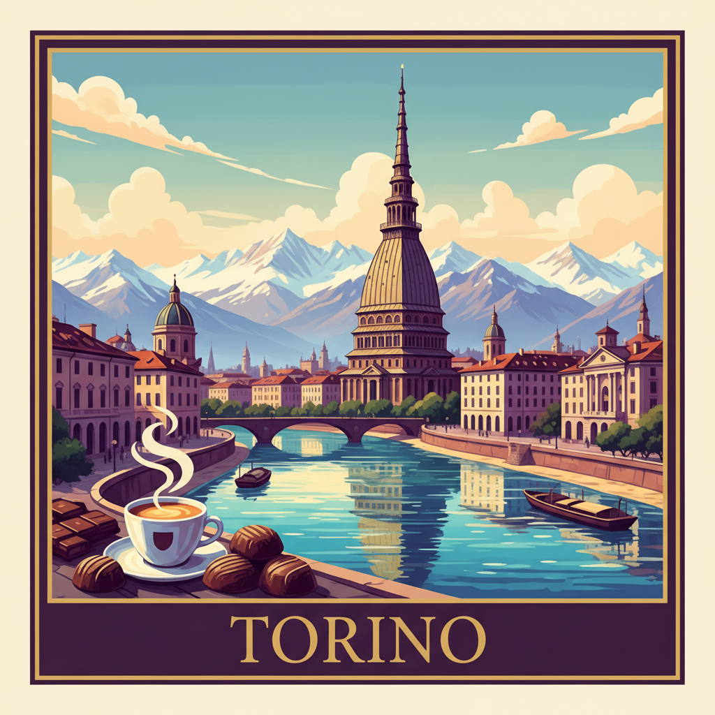 A colorful vintage postage stamp illustration for Torino. Square format. Illustrated scene with vivid colors: Mole Antonelliana tower, Po river, elegant baroque architecture, Alps in the background, chocolate and coffee culture hints. Deep burgundy, gold and purple tones. The word "TORINO" is written at the bottom in elegant serif font. Classic postage stamp frame border (thin double line, no perforations). Colorful vintage travel poster style, not line art, rich colors.