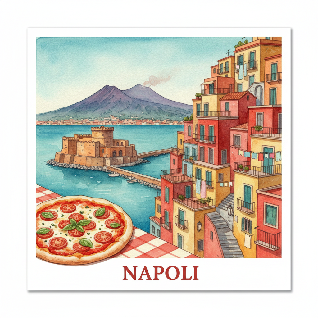 Square postcard illustration of Naples, Italy. Vibrant watercolor style with rich colors. Show iconic Naples imagery: Vesuvius volcano, pizza, Castel dell'Ovo, colorful buildings of Spaccanapoli, laundry lines. Warm red, yellow and blue color palette. Bold text "NAPOLI" at the bottom in a vintage serif font. No stamp border, no perforated edge. Clean postcard style.
