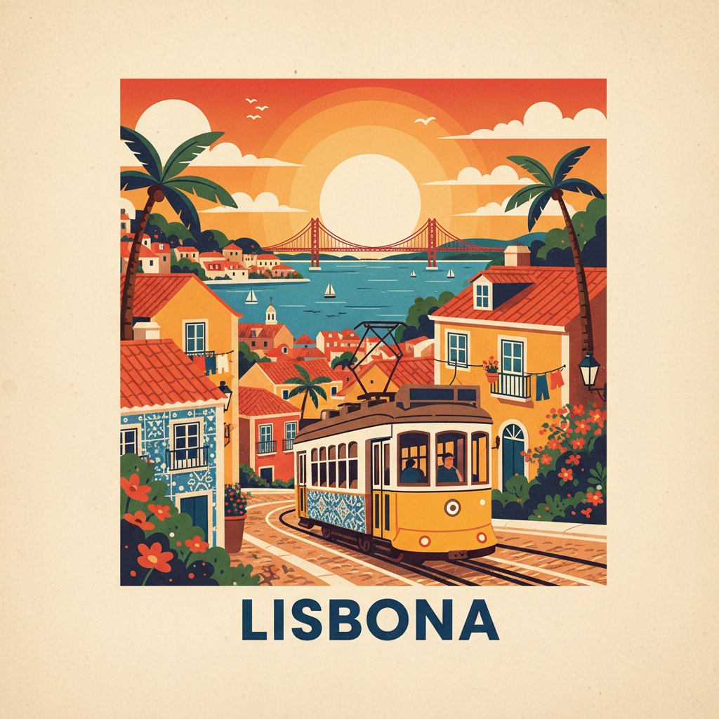 Square postcard illustration of Lisbon. Colorful flat design with rich colors — tram 28, azulejo tiles, Alfama rooftops, Tagus river. Multiple warm colors, vibrant and cheerful. The word "LISBONA" written in bold serif font at the bottom. No stamp border, no perforated edge, no white line art on single color background. Full illustrated scene like a vintage travel postcard.
