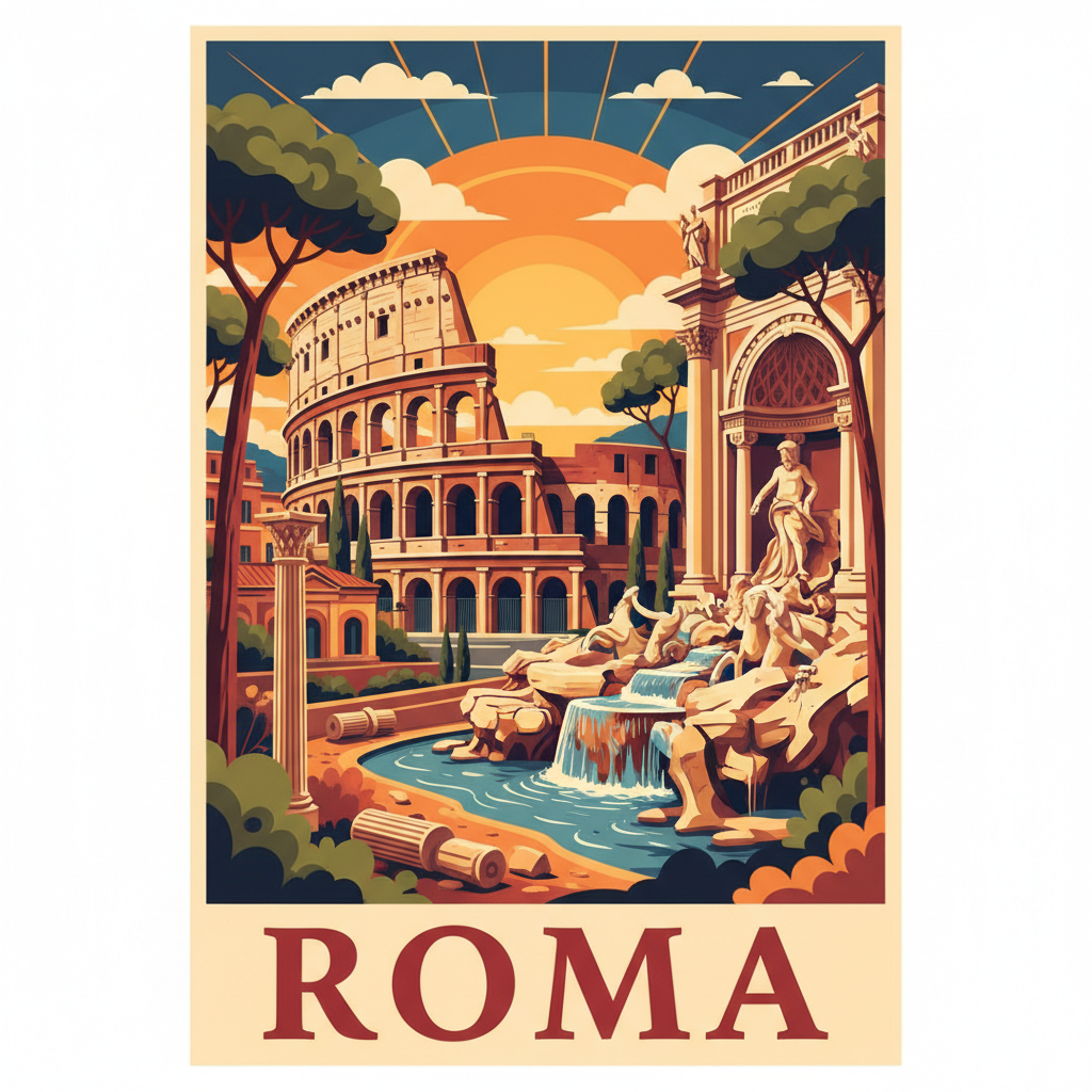 Square postcard illustration of Rome. Colorful flat design with rich colors — Colosseum, Trevi fountain, pine trees, ancient ruins. Multiple warm colors, vibrant and cheerful. The word "ROMA" written in bold serif font at the bottom. No stamp border, no perforated edge, no white line art on single color background. Full illustrated scene like a vintage travel postcard.