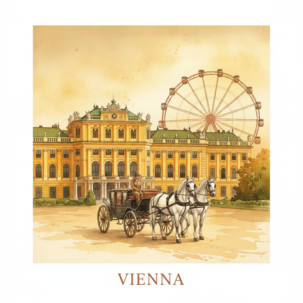 Square vintage travel postcard illustration of Vienna. In the foreground, a horse-drawn carriage with two white horses in front of an imperial baroque palace (Schönbrunn). In the background on the right, the Prater Ferris wheel (Riesenrad). Warm golden and amber tones, rich watercolor style with detailed illustration, full bleed, no white borders, no stamp edges. The word "VIENNA" written in elegant serif font at the bottom.