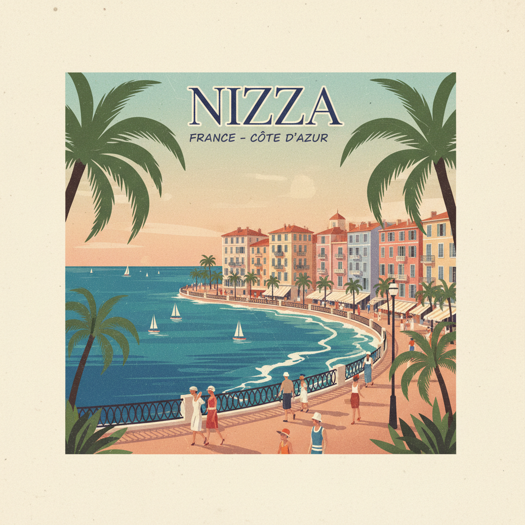 Vintage travel postcard illustration of Nice, France. Promenade des Anglais, colorful buildings, azure Mediterranean sea, palm trees, pastel colors. Retro poster art style with the text "NIZZA" written in elegant serif font. Square format.