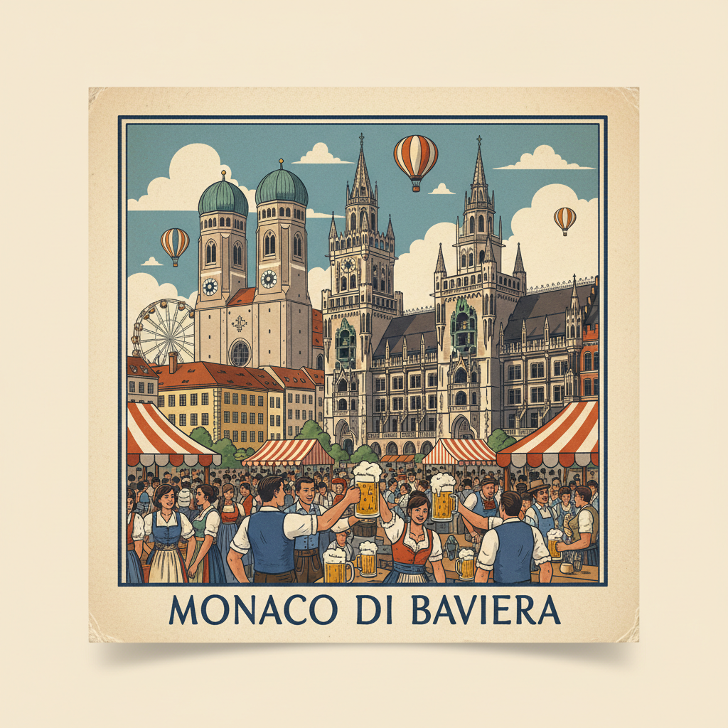 Vintage travel postcard illustration of Munich, Germany. Marienplatz, Frauenkirche towers, beer garden, Oktoberfest, warm blues and whites. Retro poster art style with the text "MONACO DI BAVIERA" written in elegant serif font. Square format.