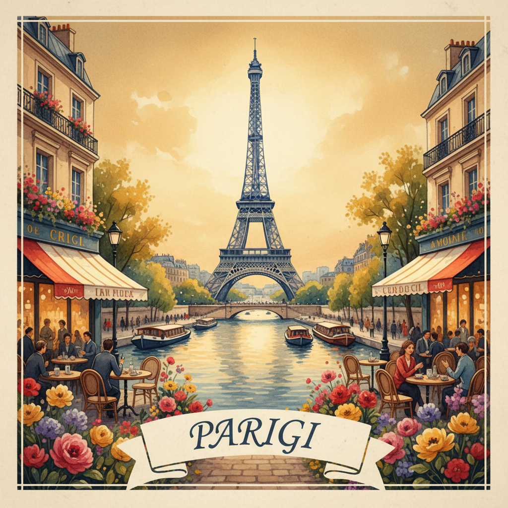 Illustrated vintage postcard of Paris, France. Colorful watercolor style with the Eiffel Tower, Seine river, Parisian cafes, blooming flowers, warm golden light. Text "PARIGI" written in elegant serif font at the bottom on a white banner. Square format.