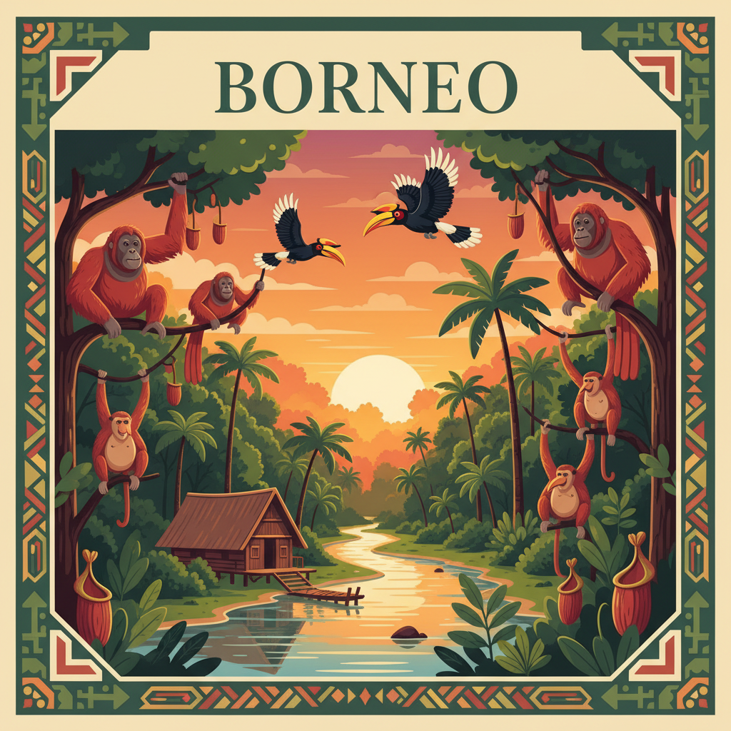 Illustrated vintage travel postcard, flat colorful design. Borneo: dense tropical rainforest with exotic wildlife — orangutans in lush trees, colorful hornbill birds, pitcher plants, proboscis monkeys, traditional Dayak longhouse, river winding through jungle at golden hour. Text "BORNEO" in elegant serif font. Deep rich greens and warm tropical tones, decorative postcard border.