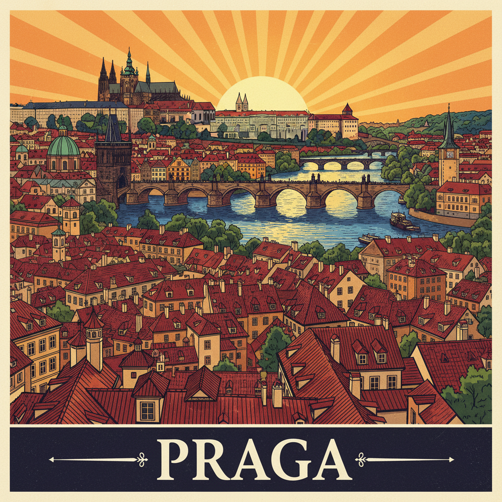 Colorful travel illustration of Prague with the Charles Bridge, Prague Castle, red rooftops, and the Vltava river. Vibrant warm colors — deep reds, golds, and blues. The word "PRAGA" written in bold white vintage lettering at the bottom of the image, with a slightly transparent dark band behind it for legibility. Flat illustrated style, detailed and rich.