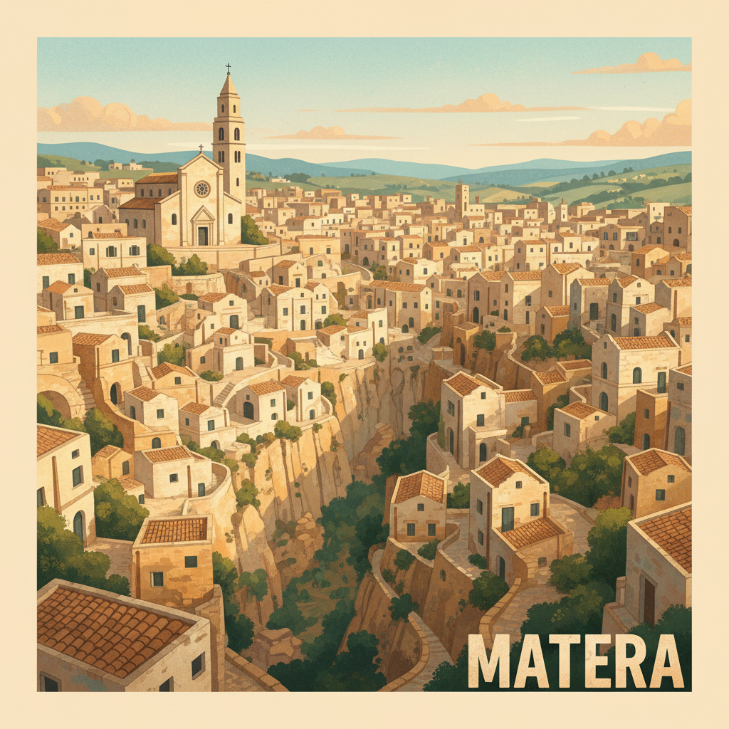 Colorful travel illustration of Matera, Italy, with the iconic Sassi cave dwellings carved into the ravine, ancient stone houses stacked on top of each other, warm golden and ochre tones, terracotta rooftops, a church facade, soft warm Mediterranean light. The word "MATERA" written in bold uppercase letters with a rough stone-carved texture effect, warm beige/cream color, positioned in the lower right corner. Square format.