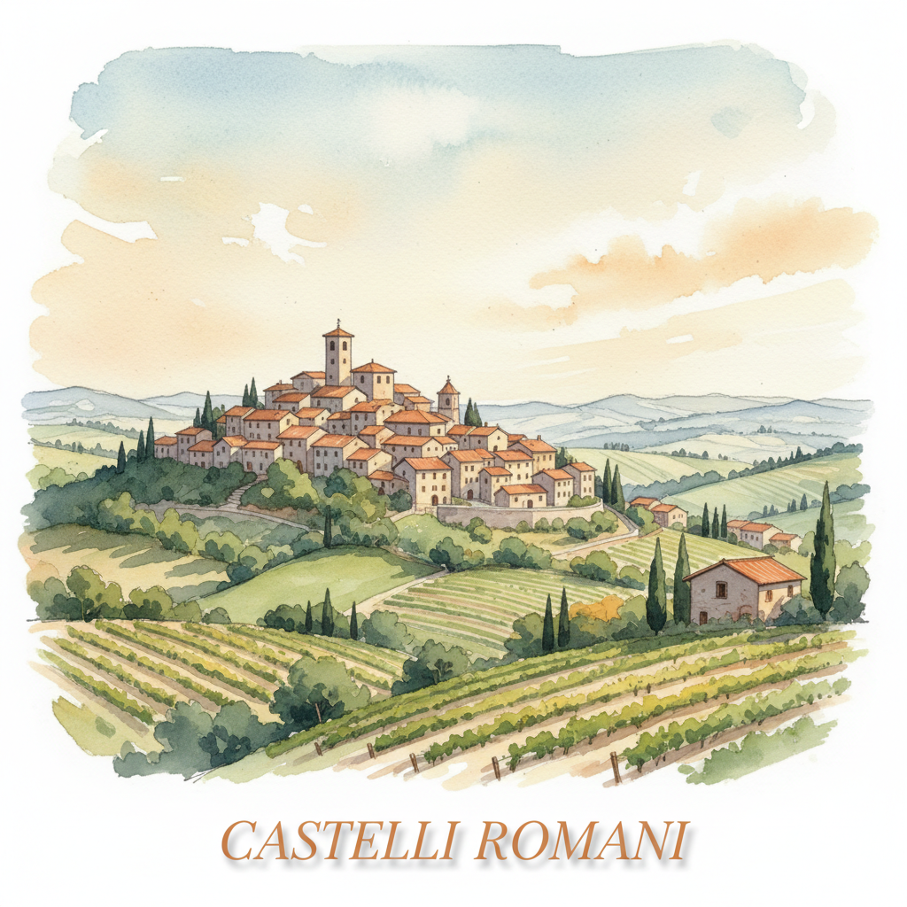 Travel illustration of Castelli Romani, Italy, featuring charming medieval hilltop villages (borghi) with terracotta rooftops, stone houses, narrow cobblestone streets, rolling green hills with vineyards, warm golden light. Watercolor illustration style. The words "CASTELLI ROMANI" written in elegant italic serif font in warm cream/ivory color at the bottom, with a subtle shadow for readability.