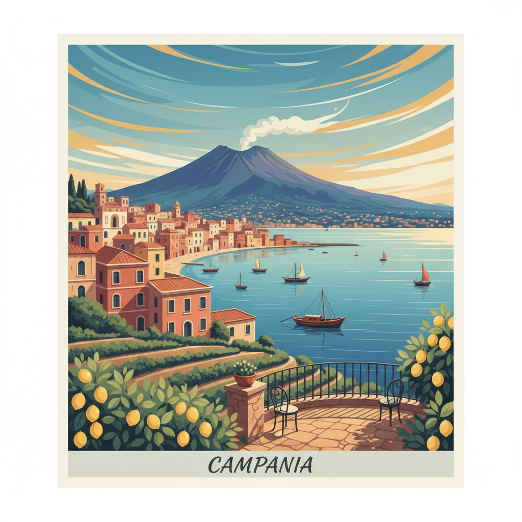 Vintage travel poster illustration of Campania, Italy. Square format. The scene is dominated by the Gulf of Naples with Mount Vesuvius in the background, colorful pastel buildings along the waterfront, fishing boats on the water, a warm Mediterranean sky in shades of azure and gold. In the lower third, a gentle hill with lemon trees and a small terrace overlooking the sea — typical of the Campania landscape. Warm color palette: terracotta, azure blue, golden yellow, dusty rose. Flat colors, clean lines, vintage travel poster aesthetic. At the very bottom a light grey/cream horizontal band. Inside that band, the word "CAMPANIA" in an elegant flowing brush script font, dark charcoal, centered. No pizza oven, no mandolin.
