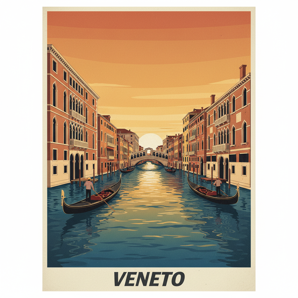 Vintage travel poster illustration of Veneto, Italy. Square format, full bleed — no white borders, the illustration fills every pixel. Grand Canal in Venice with elegant gondolas, Venetian Gothic palaces with intricate facades, Bridge of Sighs, warm reflections shimmering on the water. Sky in warm terracotta and gold tones at sunset. Color palette: deep azure blue water, dusty rose, Venetian gold, burnt sienna, cream. Flat colors, clean lines, vintage travel poster aesthetic. At the very bottom a light grey/cream horizontal band. Inside that band, the word "VENETO" in a strong bold italic slab-serif font, dark charcoal, centered — completely different from brush script or sans-serif styles.