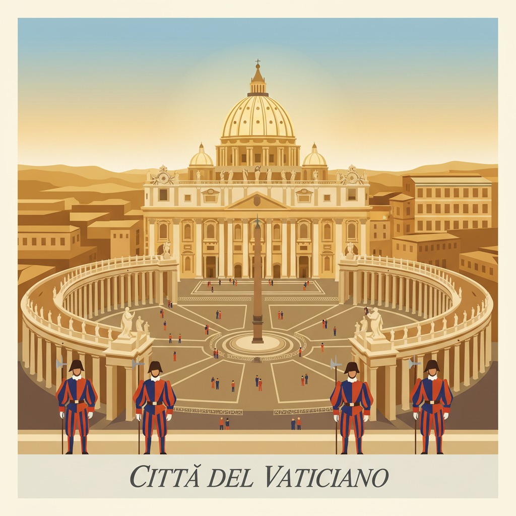 Vintage travel poster illustration of Vatican City, square format, full bleed — no white borders. Piazza San Pietro with Bernini's colonnade seen from above, Michelangelo's dome dominating the golden sky, Swiss Guards in colorful striped uniforms in the foreground. Warm color palette: gold, cream, sky blue, crimson red. Flat colors, clean lines, vintage 1950s travel poster style. At the very bottom a light grey/cream horizontal band. Inside that band, the words "CITTÀ DEL VATICANO" in an elegant thin italic serif font, dark charcoal, centered.
