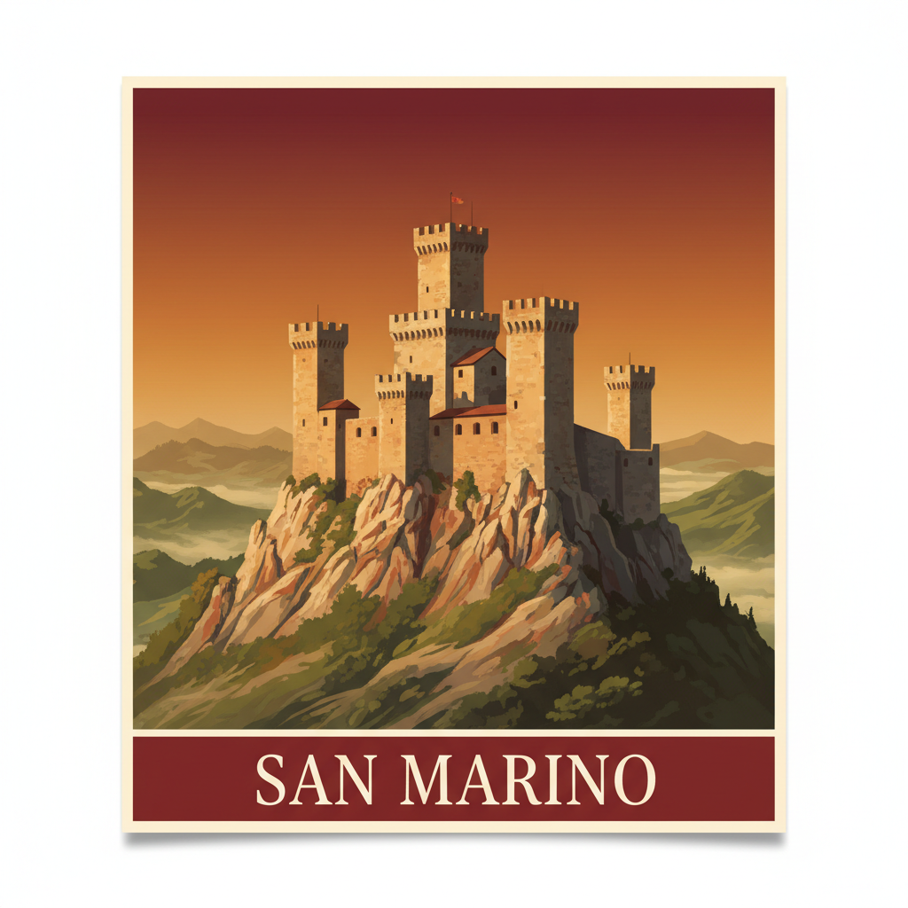Square vintage travel postcard illustration of San Marino. The three medieval towers (Guaita, Cesta, Montale) on Monte Titano against a dramatic deep blue sky with golden sunlight. Stone fortress walls in warm ochre and sand tones. Rolling green hills of the Apennines in the background. Clean graphic style with bold shapes. At the bottom, a horizontal band in dark navy blue. The text "SAN MARINO" is written in a tall, elegant condensed sans-serif font in crisp white, centered in the band. Retro travel poster aesthetic, rich colors, no photorealism.