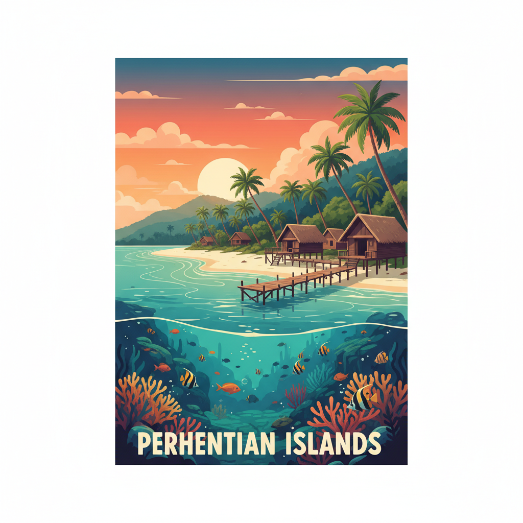 Vintage travel postcard illustration of Perhentian Islands, Malaysia. Crystal-clear turquoise waters with visible coral reef beneath the surface, traditional wooden stilt bungalows over the water, white sandy beaches with swaying palm trees, lush green jungle hills in the background, warm golden sunlight. Retro postcard aesthetic with rich saturated colors. The destination name "PERHENTIAN ISLANDS" must be spelled completely and correctly — all letters P-E-R-H-E-N-T-I-A-N I-S-L-A-N-D-S fully visible in large bold decorative lettering, centered at the bottom of the image well inside the frame with generous margin on all sides, never cropped or clipped. Flat illustration style, classic retro travel poster design.