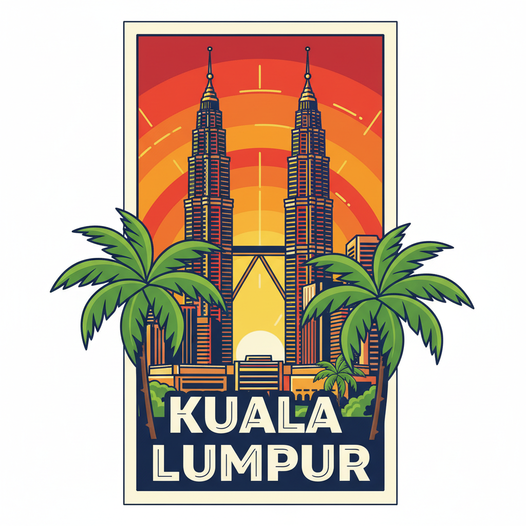 Vintage travel postcard flat vector illustration of Kuala Lumpur, Malaysia. Comic book style — bold graphic outlines, vivid flat colors, zero photorealism. The iconic Petronas Twin Towers centered and dominant. Stylized skyline, tropical palm trees in foreground, graphic sunset sky. The text "KUALA LUMPUR" written in two lines — "KUALA" on top, "LUMPUR" below — in large bold retro decorative font, placed at the bottom of the image, ALL letters fully visible, generous margin from every edge, never cropped or cut off by the frame.
