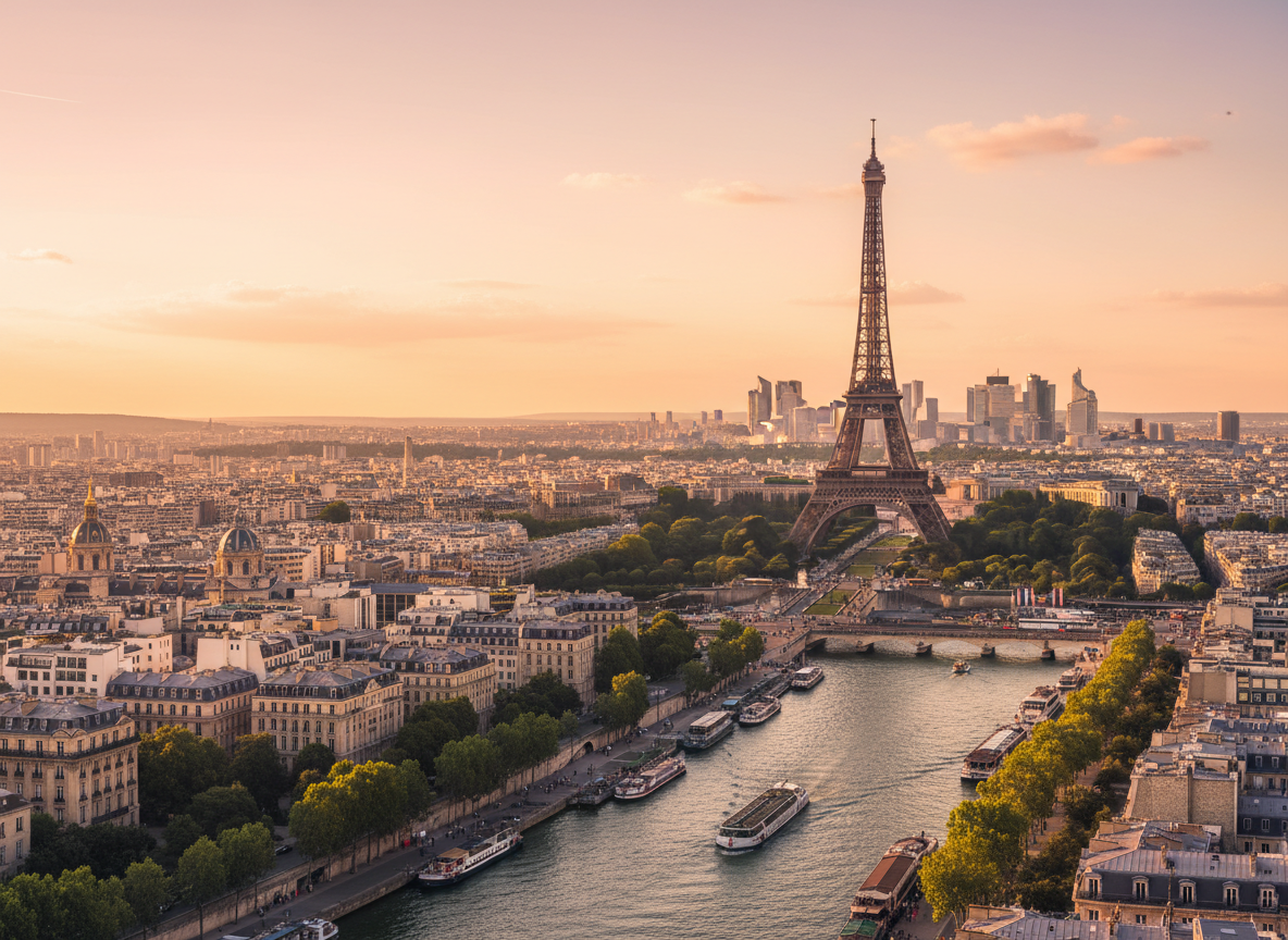 A breathtaking wide panoramic photo of a famous European city — the Eiffel Tower in Paris at golden hour, warm amber and rose light, clear sky, elegant Haussmann buildings, romantic atmosphere. Ultra-realistic travel photography style, vibrant colors, no text, no watermarks.