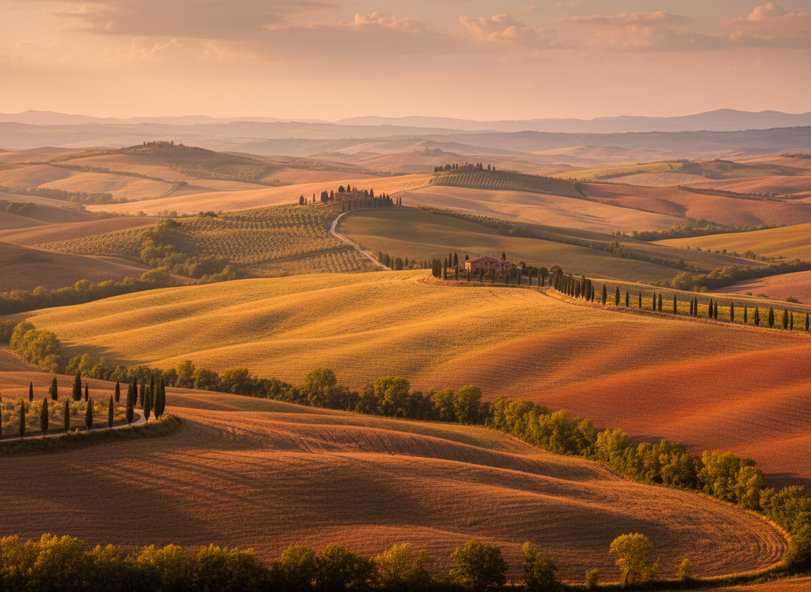 Beautiful Italian landscape: rolling Tuscan hills with cypress trees, golden hour light, warm earthy tones, serene countryside, no text