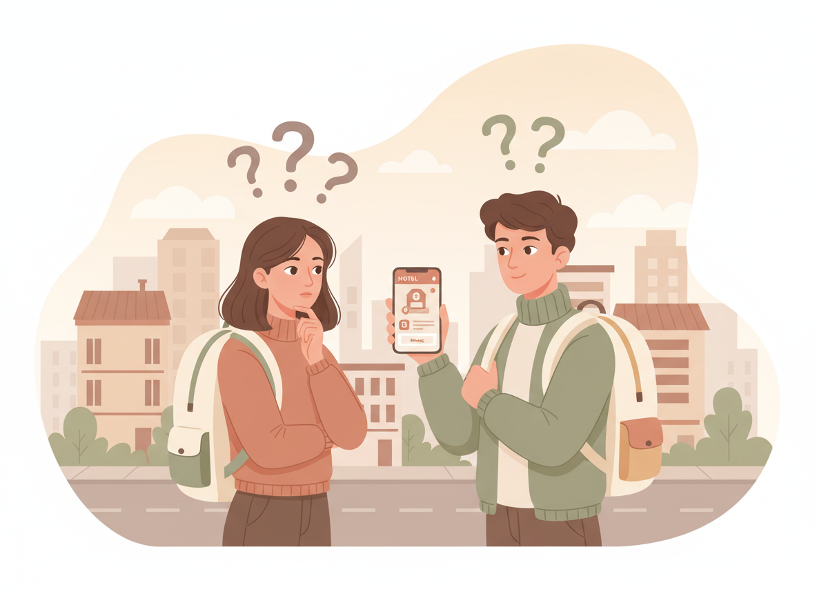 Modern soft digital illustration, semi-realistic stylized characters. A young woman with hand on chin in thoughtful pose and a young man with a smartphone showing a hotel booking app, both with travel backpacks. Question marks above their heads. Urban city background. Color palette: muted warm tones — soft beige, warm cream, dusty taupe, muted terracotta, sage green, warm ivory, light brown. No saturated or bright colors. Gentle soft lighting, delicate pastel-like atmosphere. Elegant and sophisticated mood. No text, no sea, no beach.
