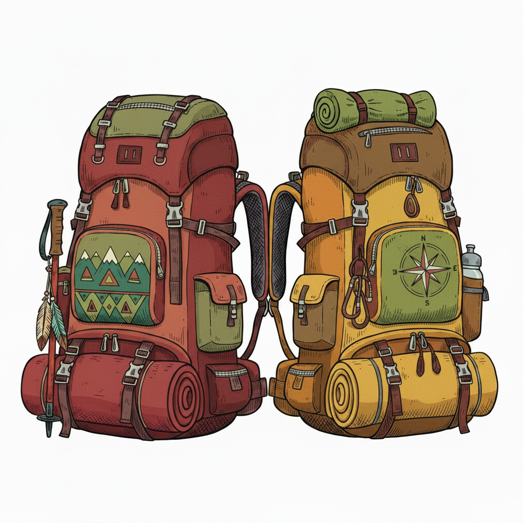 Two large trekking backpacks side by side, same illustrated style and shape as the current image, white background. Only the colors change: one backpack in warm rusty burgundy/wine red, one in deep mustard yellow/ochre. Muted, earthy autumnal tones. No text, no people, clean white background, same illustration style as original.