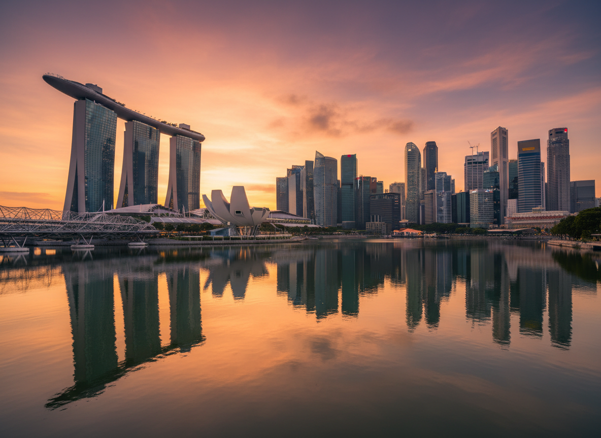 Singapore skyline at golden hour, Marina Bay Sands hotel reflected in the water, futuristic city towers, lush greenery, dramatic sky with warm orange and purple tones, ultra-realistic photography style