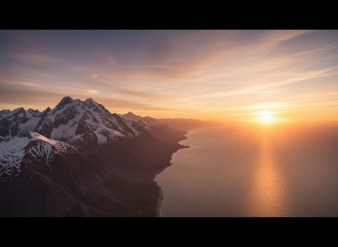 Genera una fotografia panoramica e suggestiva di un paesaggio del mondo per lo sfondo della copertina “MONDO”: vista ampia di montagne, oceano e cielo al tramonto, con atmosfera di viaggio e scoperta, colori naturali eleganti, luce calda e composizione pulita. Nessuna cartina geografica, nessuna scritta, nessun testo, nessun logo.