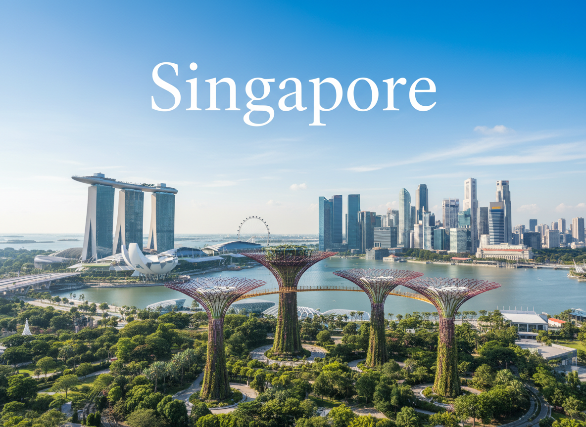 Crea una nuova immagine panoramica realistica di Singapore durante il giorno, diversa dalla precedente: vista luminosa e raffinata dei Supertree Grove di Gardens by the Bay con skyline di Singapore sullo sfondo, cielo azzurro e luce naturale. Sovrapponi soltanto la scritta esatta “Singapore”, elegante e ben leggibile. Nessun altro testo, nessun logo e nessuna cartina.
