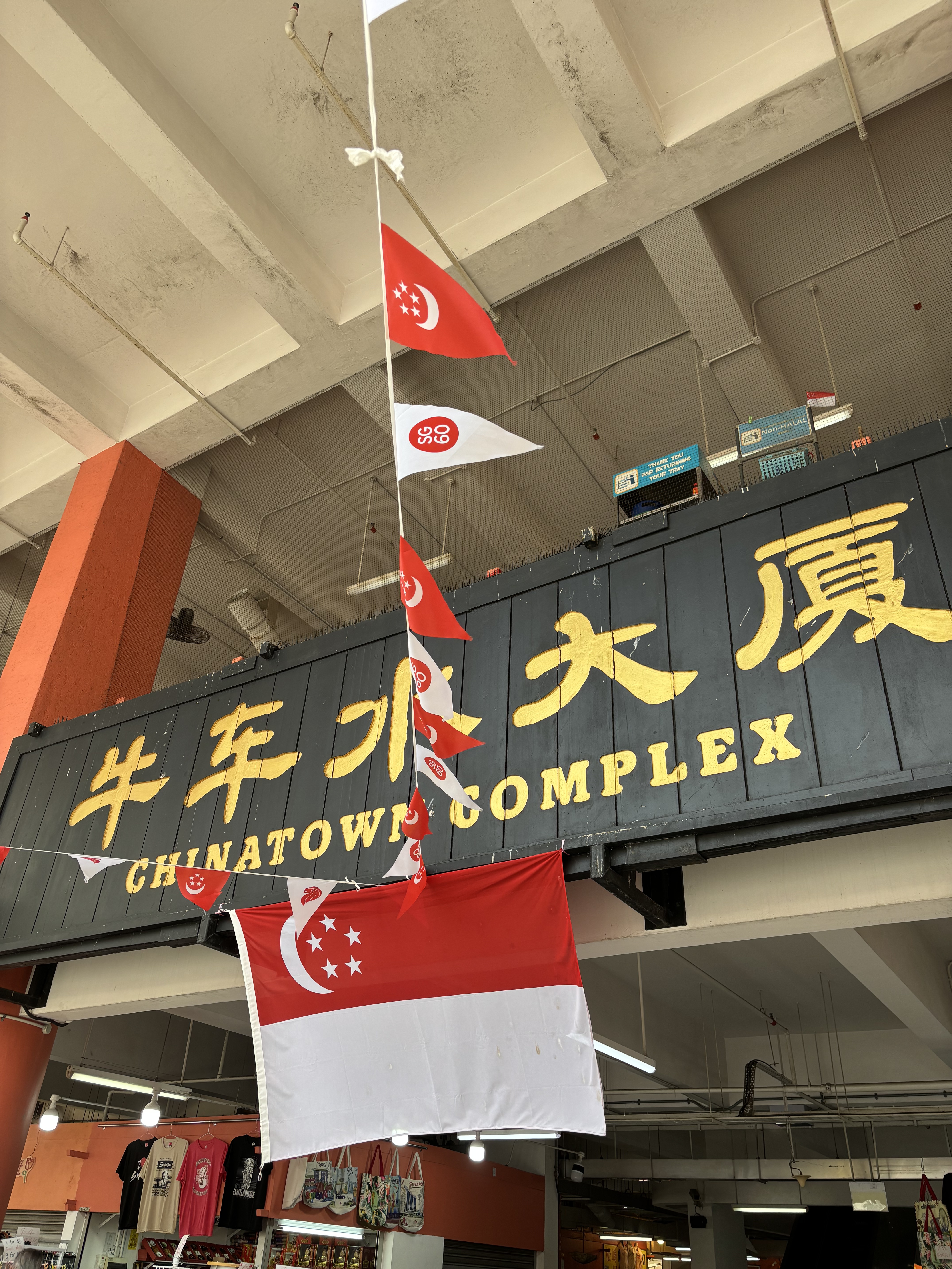 Ingresso del Chinatown Complex a Singapore con la bandiera singaporiana