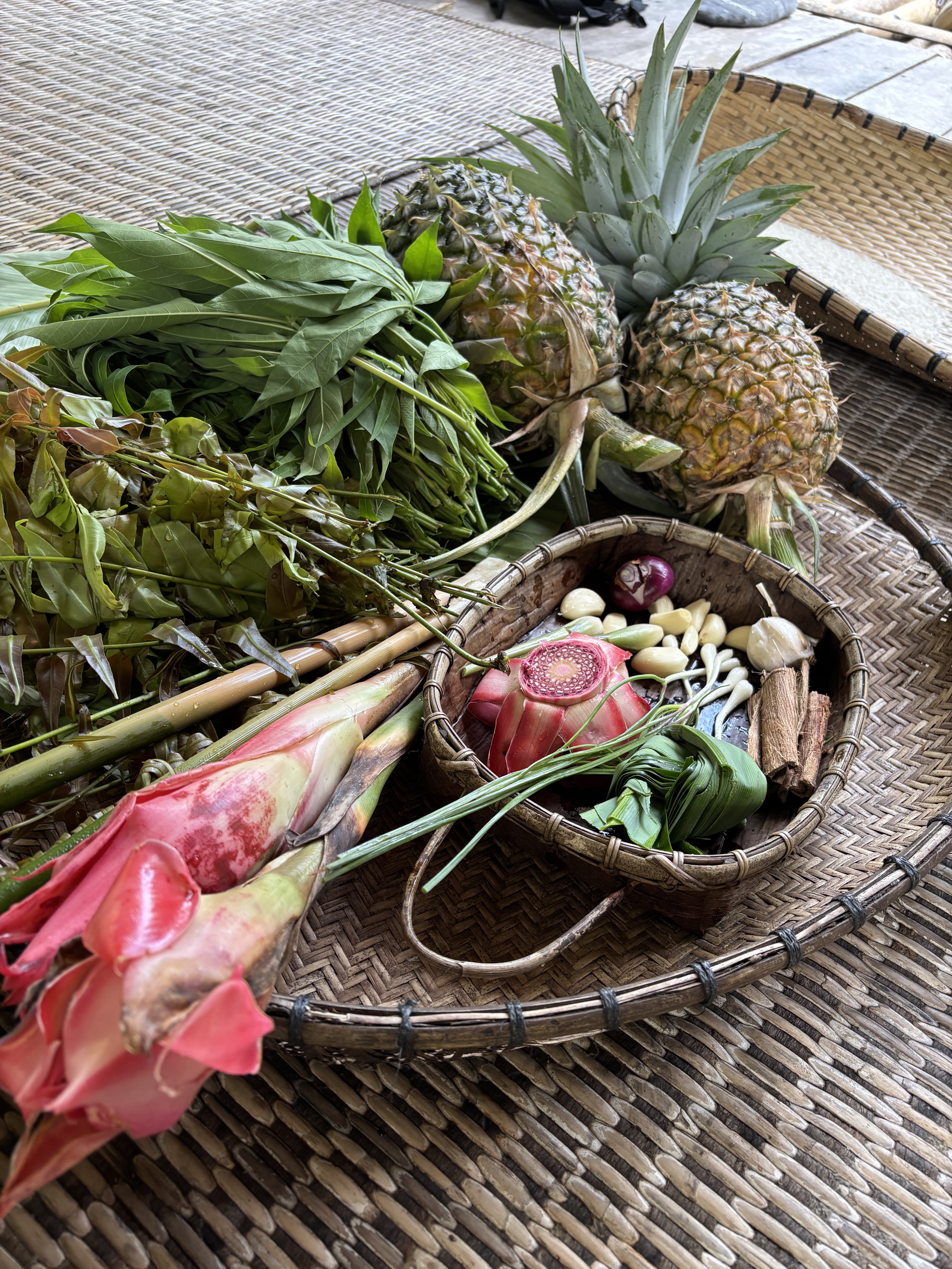 Ingredienti e frutti tropicali raccolti per la cucina del Sarawak