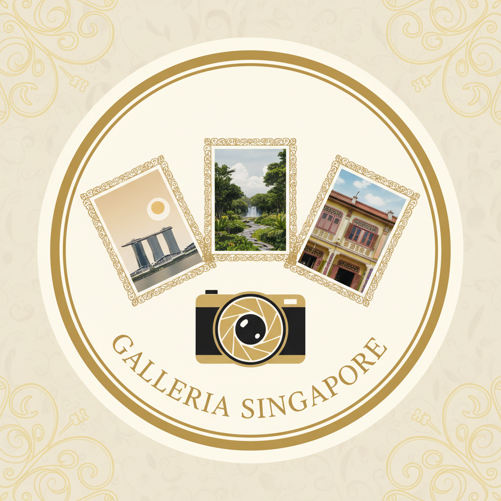 Crea un nuovo sticker/illustrazione chiarissimo e immediatamente riconoscibile come “Galleria Singapore”: una piccola galleria fotografica di viaggio con tre fotografie incorniciate, una fotocamera o icona fotografica ben visibile e la scritta leggibile “GALLERIA SINGAPORE”. Stile elegante, caldo e sofisticato, palette beige, crema, nero e dettagli dorati, coerente con un blog di viaggi. Composizione semplice, pulita, adatta a essere usata come immagine cliccabile, senza elementi ambigui e senza testo aggiuntivo.