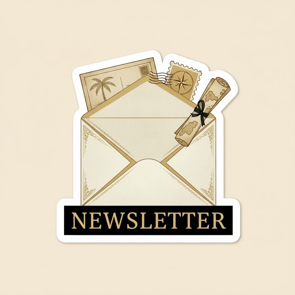 Modifica questa immagine mantenendo identici soggetto, scritta NEWSLETTER, composizione e proporzioni. Sostituisci soltanto lo sfondo con un beige caldo e chiaro, uguale o molto simile allo sfondo beige dello sticker Galleria Singapore. Mantieni il risultato pulito, elegante e coerente con il blog di viaggi.