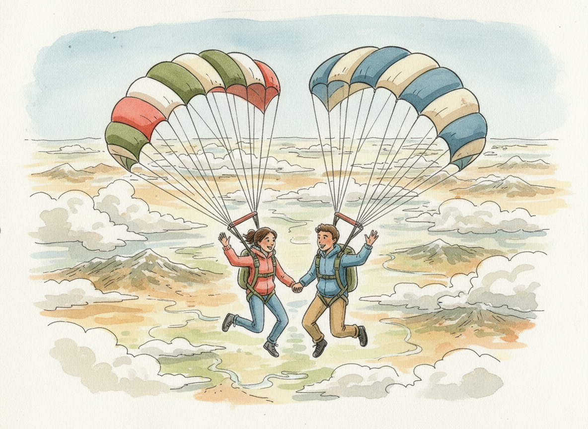 Modifica l'illustrazione esistente mantenendo lo stesso stile di acquerello da diario di viaggio, con contorni a inchiostro morbidi, texture di carta ruvida, pennellate spontanee e colori pastello caldi. Inserisci nella scena due ragazzi che fanno paracadutismo, visti in volo con i paracadute aperti, in una composizione dinamica ma armoniosa. Mantieni l'aspetto illustrato, non fotografico, e conserva l'atmosfera di viaggio e avventura.