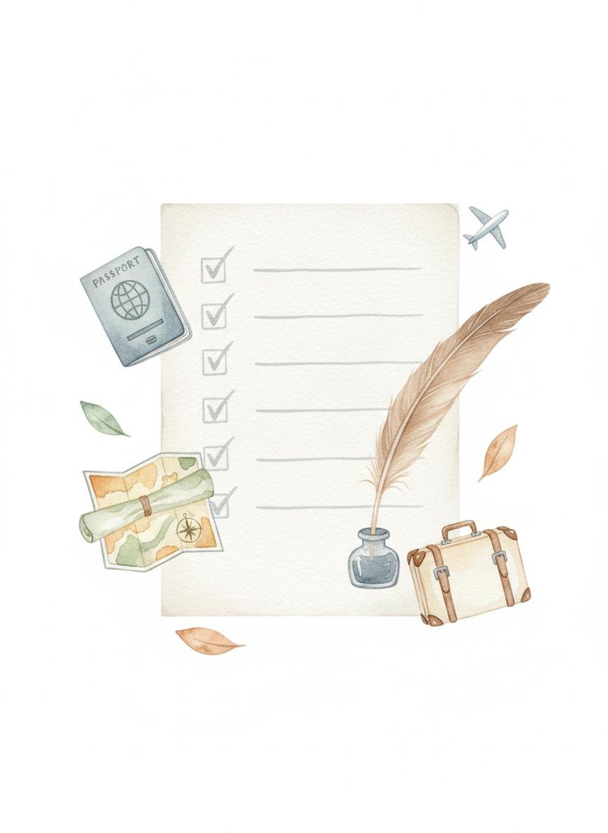 Illustrazione ad acquerello di una checklist di viaggio con passaporto, mappa, valigia e piuma