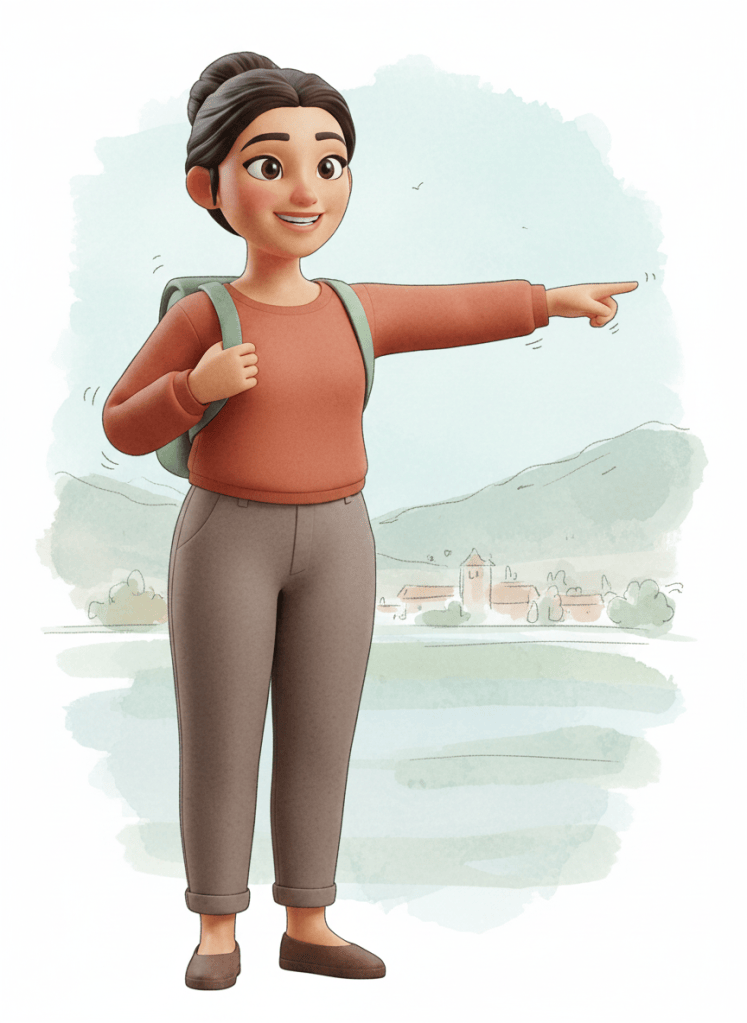Illustrazione ad acquerello in formato verticale con un personaggio in viaggio, nello stile di un diario di viaggio.