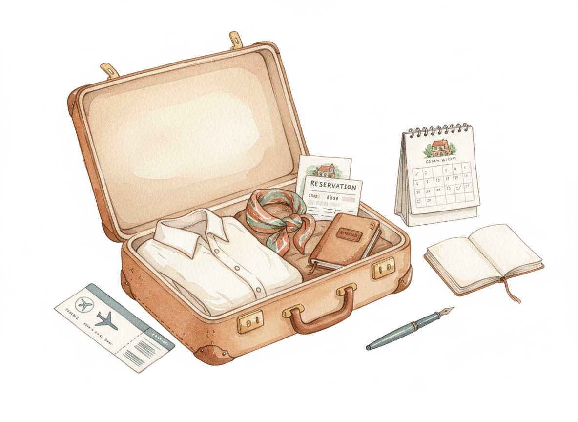 Illustrazione ad acquerello per la Pillola 5: valigia aperta con oggetti essenziali, biglietto aereo, prenotazione alloggio e calendario con date libere, taccuino e penna, palette beige terracotta e verde salvia