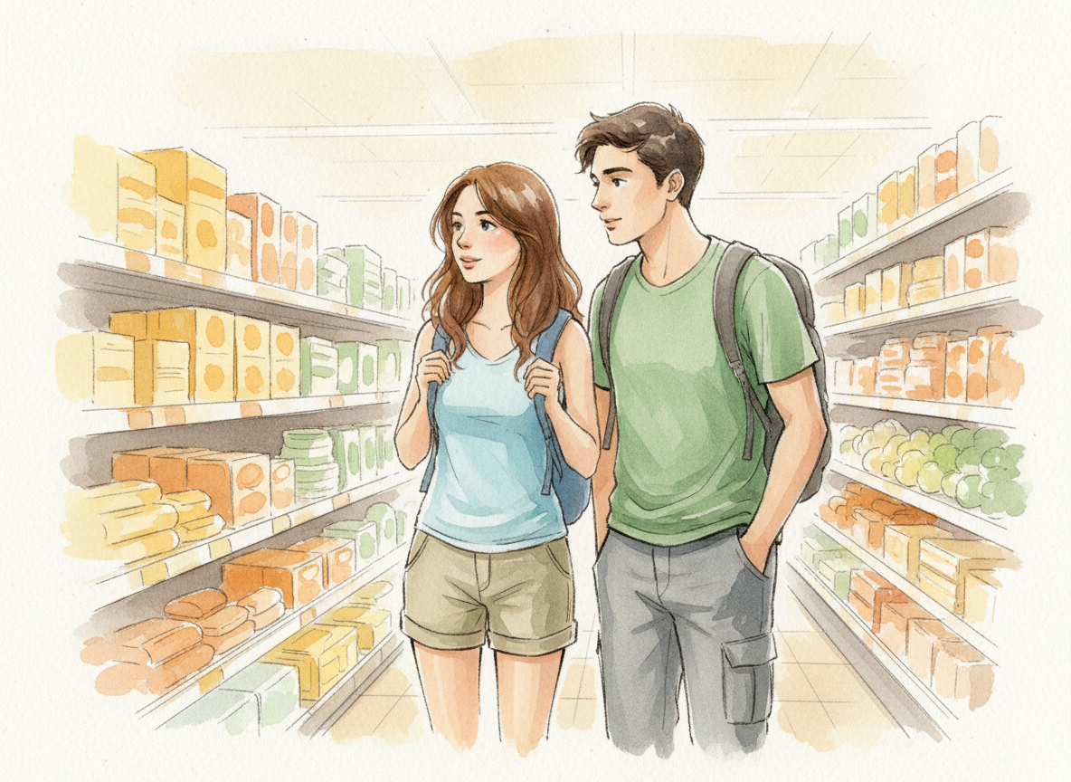 Crea una nuova illustrazione da zero, diversa dalle precedenti, in stile acquerello editoriale caldo e delicato. Mostra chiaramente due giovani viaggiatori in abbigliamento sportivo con piccoli zainetti, mentre esplorano curiosi le corsie di un supermercato. Lei ha capelli castano medio lunghi e ben visibili; lui ha capelli castano scuro corti e ben visibili. Inquadratura ravvicinata di tre quarti, personaggi riconoscibili, atteggiamento spontaneo, mentre osservano i prodotti sugli scaffali. Palette naturale, scena ariosa, senza testo, loghi o marchi riconoscibili.