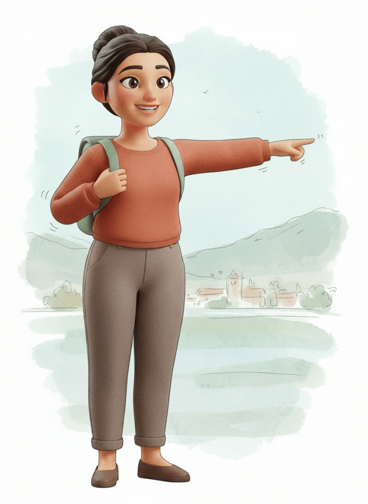 Modifica l'illustrazione esistente mantenendo la stessa ragazza, lo stesso stile ad acquerello da diario di viaggio e la stessa posa mentre indica. Mostrala per intero, dalla testa ai piedi, come nelle altre Pillole di viaggio, con proporzioni naturali e senza tagliare mani o piedi. Mantieni lo sfondo e la composizione puliti, in formato verticale alto e stretto, senza deformare il soggetto e senza aggiungere persone o oggetti nuovi.