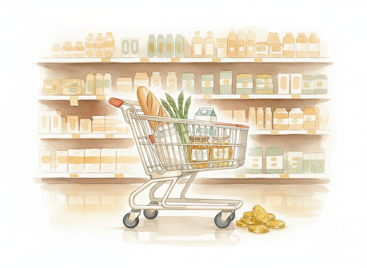 Sostituisci completamente l'immagine con una nuova illustrazione ad acquerello, senza alcuna parola, scritta, logo, insegna o etichetta leggibile. Mostra in primo piano un carrello della spesa semi vuoto davanti a scaffali di supermercato molto riconoscibili, con pochi prodotti essenziali e alcune monete dorate accanto alle ruote per comunicare una spesa attenta al budget. Nessun salvadanaio, nessuna mappa, nessun mercato all'aperto e nessun elemento da viaggio. Stile editoriale elegante, caldo e raffinato, palette crema, marrone, verde salvia e tocchi dorati, composizione orizzontale ariosa, adatta accanto al riquadro marrone della sezione Risparmio.