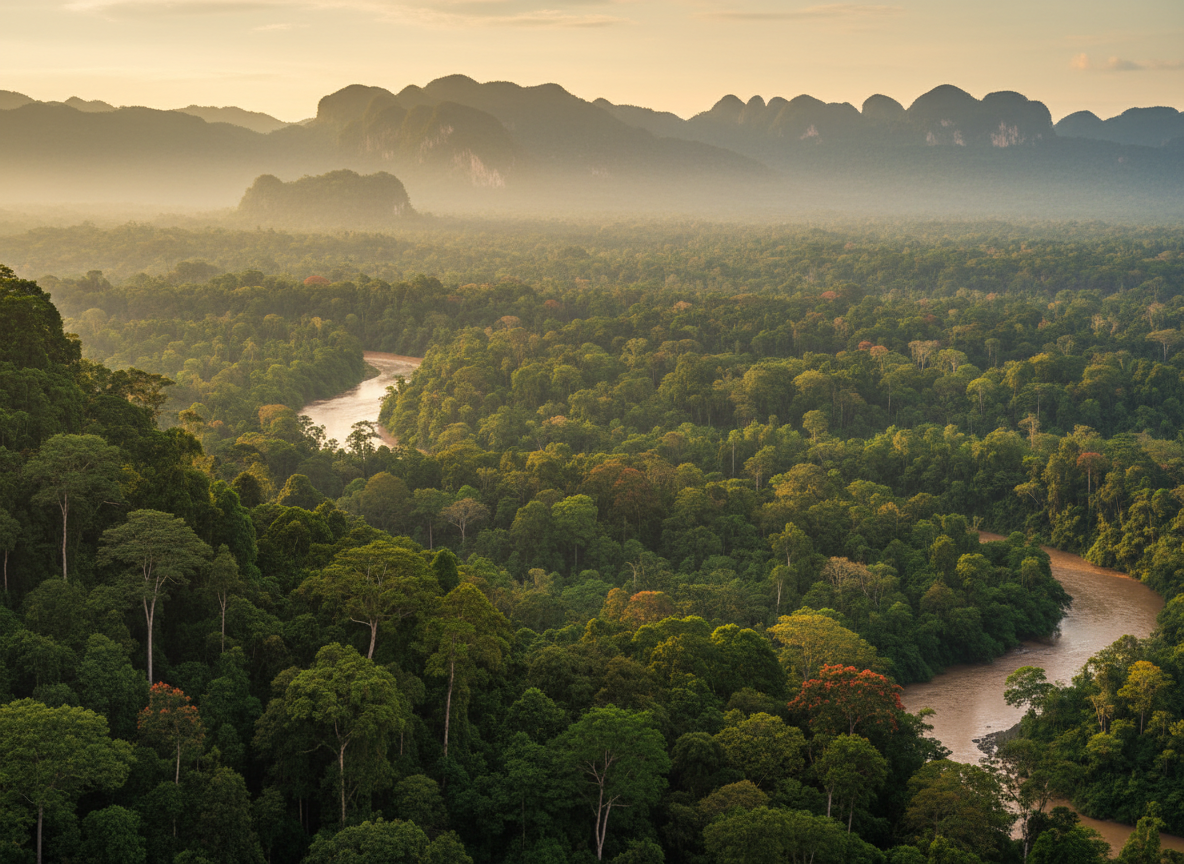 Fotografia panoramica realistica del Borneo: foresta pluviale tropicale lussureggiante, montagne verdi sullo sfondo e atmosfera calda e naturale, senza testo, adatta come immagine di sfondo per una hero di viaggio.
